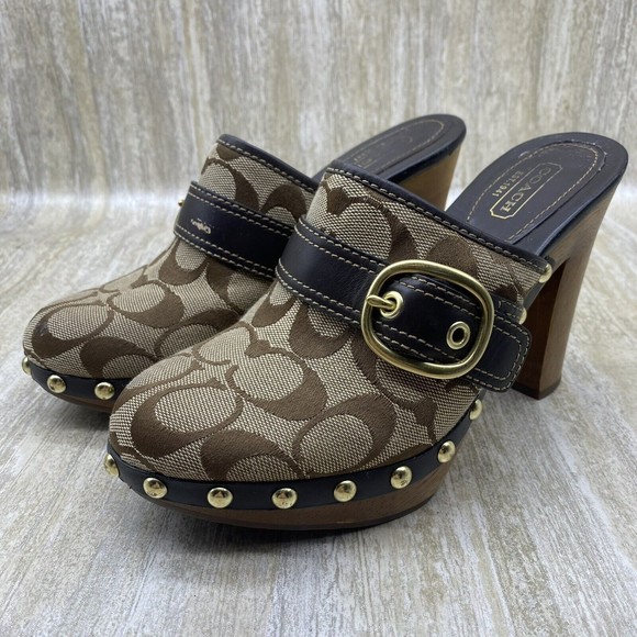 COACH Willow Brown Signature Slide Clogs Mules Heels Womens Size 6 - Picture 1 of 12